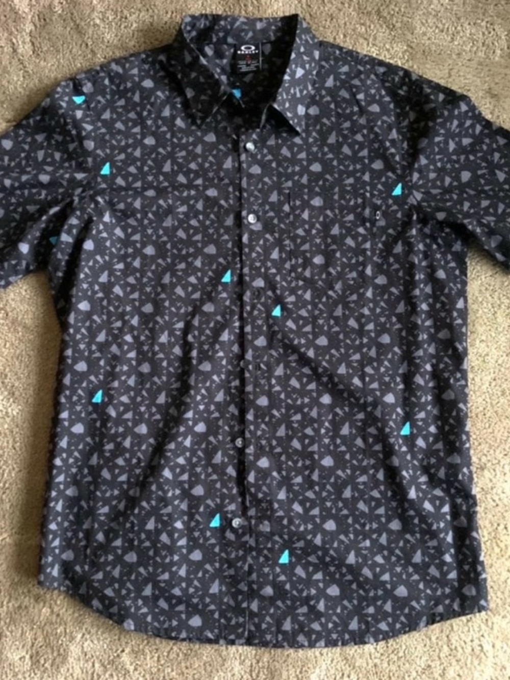 Oakley Black Button-Down Shirt with Teal Accent Triangles